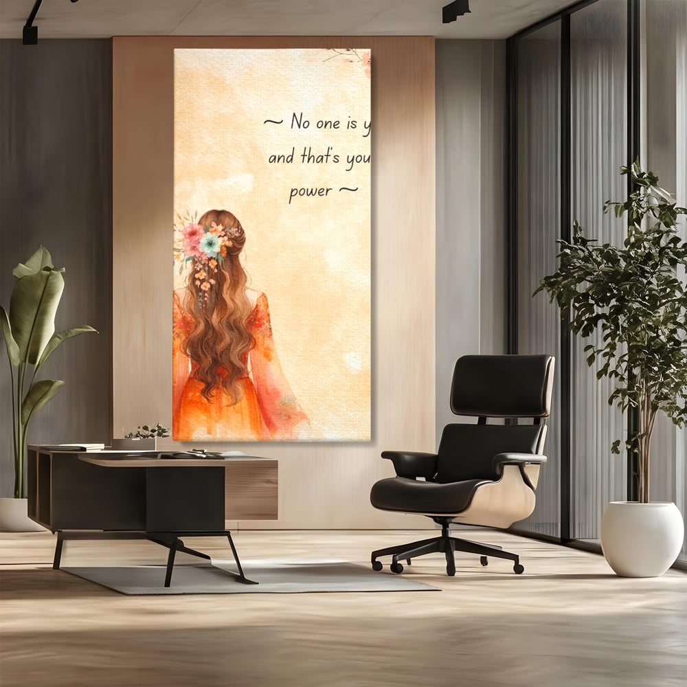Tablou canvas cu tablou canvas cu femeie si flori, fara rama, pe sasiu de lemn, pe perete intr-un birou